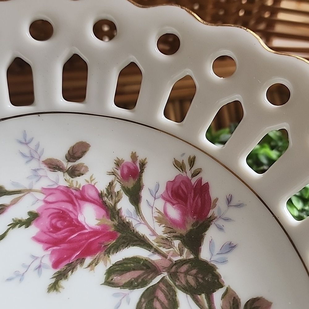 Vintage Japan Moss Rose Pedestal Dish With Gold Tone Detail Coquette Bridal